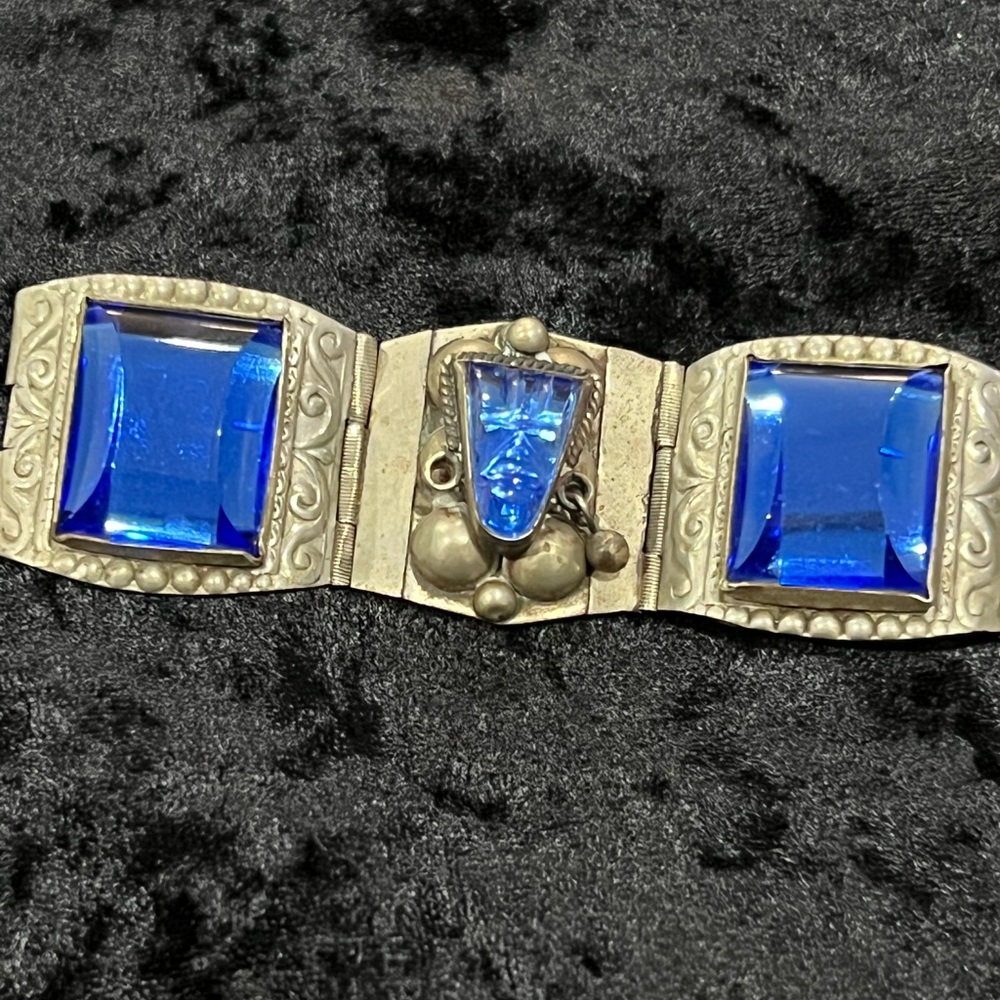 Vintage Taxco Signed Sterling Silver Blue Glass Panel Link Bracelet - Picture 4 of 11